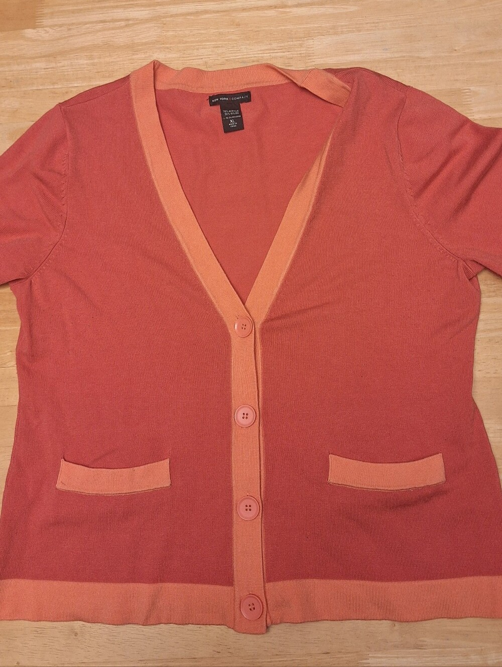 New York And Company Two-Tone Coral and Peach V-Neck Cardigan